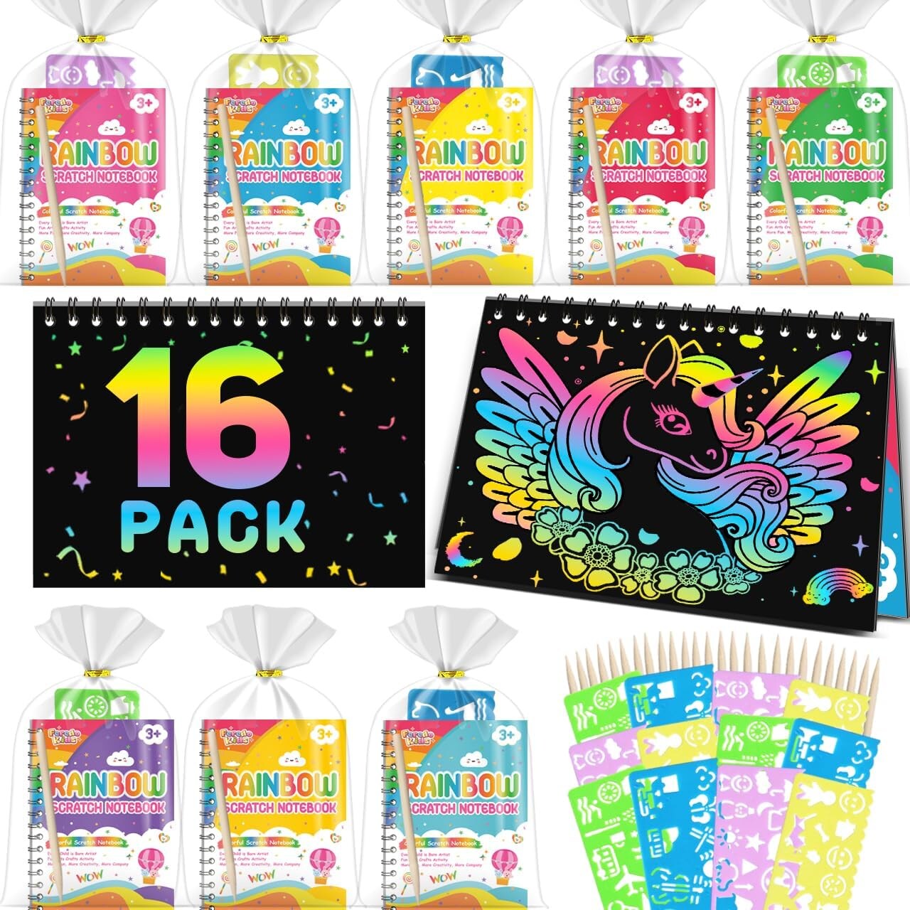 16-Pack Kids Scratch Art Party Favors – Rainbow Scratch Notebooks with Styluses, Stencils & Gift Bags, Perfect Goodie Bag Stuffers & Classroom Gifts
